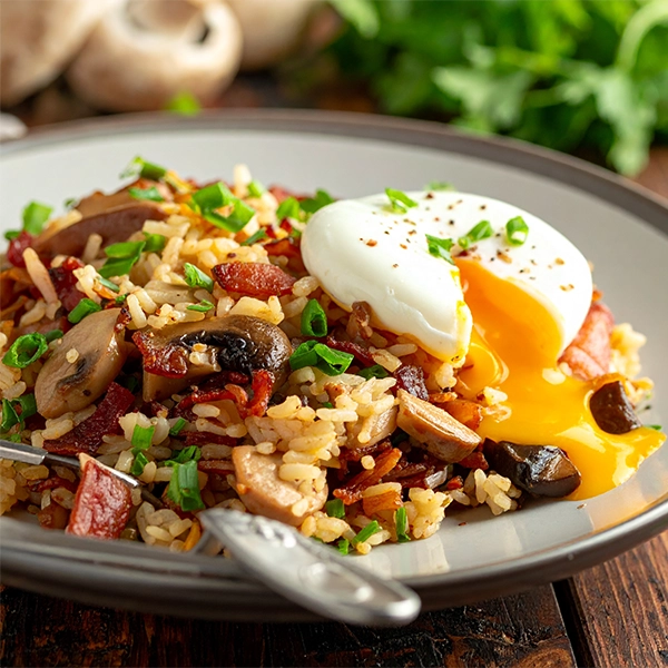Bacon and Mushroom Fried Rice with Poached Eggs